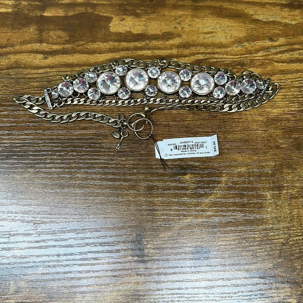 Vintage Fossil Brass Necklace Chain Rivoli Crystal Pendant Statement Toggle
